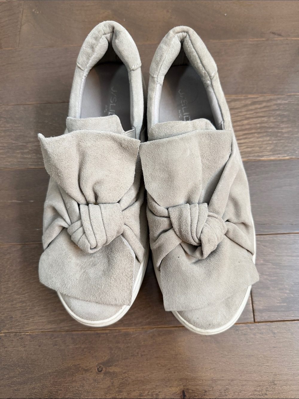 J/SLIDES Suede Knot-Front Slip-Ons in Light Grey